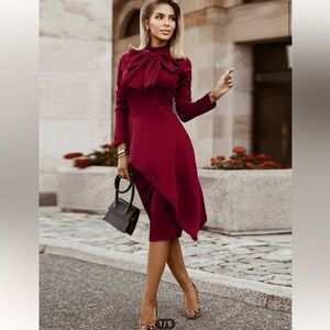 Draped Tie Neck Fitted Dress Burgundy